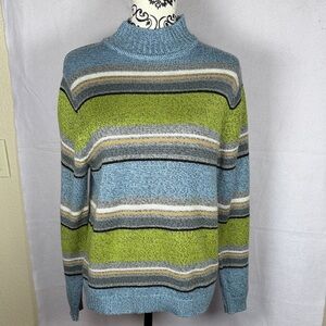 Carolyn Taylor Blue and Green Striped Mock Turtleneck Sweater size XL Soft!